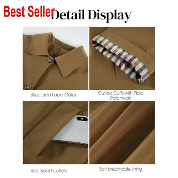 Cropped Trench Coat Oversized Chic Classic Button Down Lapel Jacket - Picture 7 of 8